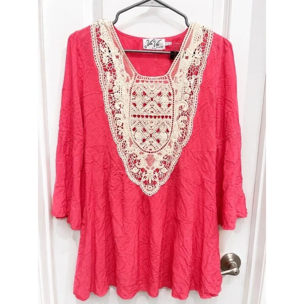 VaVa by Joy Han Women’s Pink Tunic Top Size Small Crochet Lace Boho 3/4 Sleeve